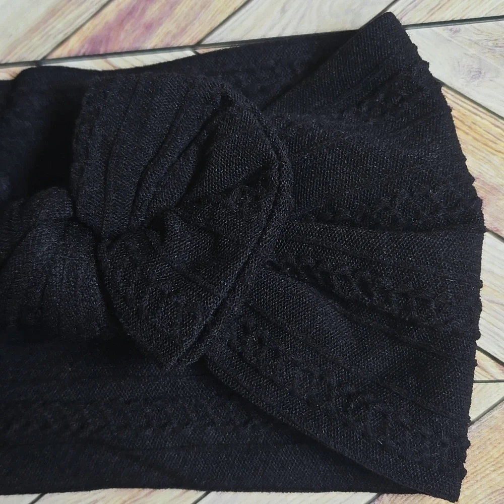 Boho Bowknot Black Headband Cable Knit Baby Girl Nylon Kids Bow Hair Band